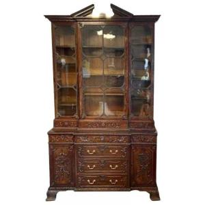 An Antique Chinese Chippendale Mahogany Breakfront Bookcase.