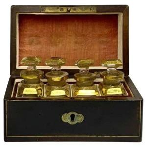 French Antique Casket With Four Baccarat Perfume Scent Bottles