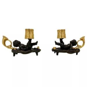 Pair Of Antique Gilt & Patinated Bronze Cherub Mounted Chamber Sticks 19th C