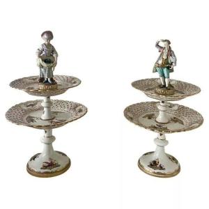 Pair Of Antique Meissen Two Tier Dessert / Cake Stands