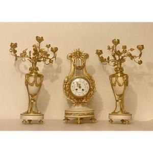Antique French Marble And Ormolu Lyre Clock Garniture Set By Vincenti & Cie