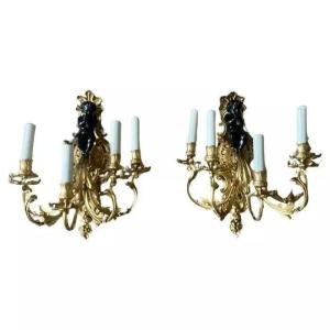 A Large Pair Of 19th Century French Gilt Bronze Dore Cherub Wall Sconces