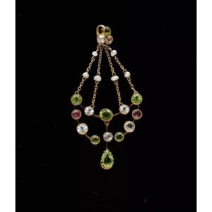 Edwardian 15ct Gold Suffragette Drop Pendant Peridot, Sapphirestoumaline Pearls