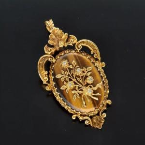 High Quality Victorian 9ct Gold Tigers Eye And Diamond Pendant/brooch