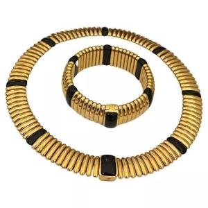 Kria Gioielli Italian 18k Solid Gold & Onyx Necklace & Bracelet Set