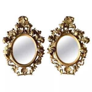 Pair Of Italian Florentine Carved Giltwood Mirrors, C.1870