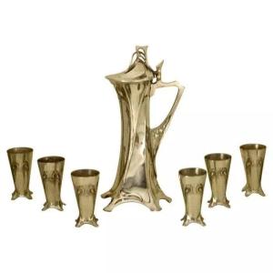 Rare Art Nouveau Silvered Pewter Liqueur Set By W.m.f
