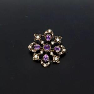 Victorian 9ct Gold Amethyst And Pearl Brooch