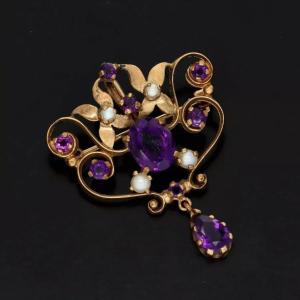 Victorian 9ct Gold Amethyst And Pearl Brooch