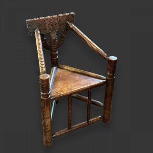 Victorian, Solid Oak, Turners Chair With Triangular Seat & Detailed Carved Back