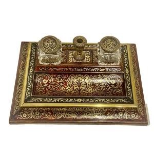 A Boulle Tortoiseshell & Inlaid Brass Desk Stand Inkwell Napoleon III