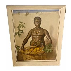 Painting. Handsome Semi Naked Black African Orange Seller