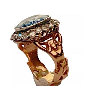 Antique Art Nouveau Figural Reclining Woman. Aquamarine & Diamond Ring Ca 1900