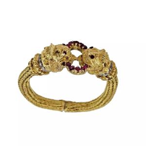 Ilias Lalaounis Chimera Bangle Bracelet In 18ct Yellow Gold, Rubies & Diamonds