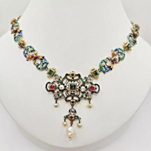 Antique Austro Hungarian Silver Enamel Pearl Multi Gem Necklace