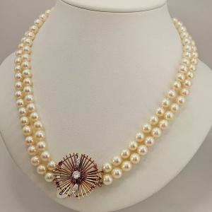 A Pearl Diamond & Ruby Necklace Unusual Row Fine Cultured Pearls.