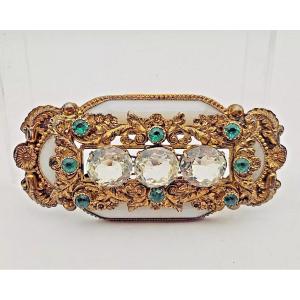 A Large French Antique Solid Silver Gilt Chalcedony & Paste Brooch 9 Cm / 3.5"