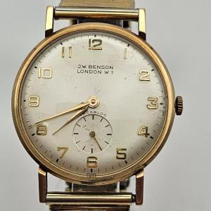 Vintage Jw Benson London W1 9ct Gold Gents Wristwatch 17 Jewels