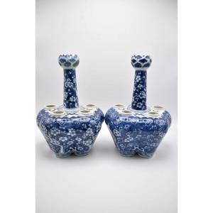 Pair Antique Qing Chinese Prunus Blue And White Tulip Vases Ca 19th Century
