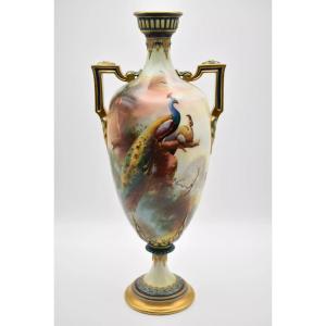 1907 Royal Worchester Peacock Cabinet Vase By C.v. White And A.c. (arthur) Lewis