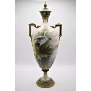 19th Century Hadley's Worchester 'storks' Pedestal Vase And Cover 247d/85.38
