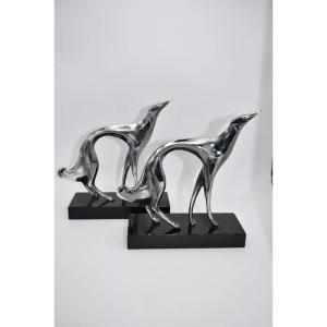 A Pair Of Karl Hagenaurart Deco Silvered Bronze Sculptures Of Greyhounds Dogs