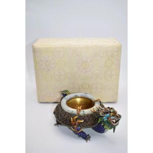 Vintage Qing Chinese Silver Enamelled Highly Detailed Dragon Ashtray. Jade Rim