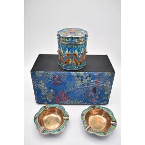 Vintage Qing Chinese Sterling Silver & Enamel Fish Cigarette Box, Two Ash Trays
