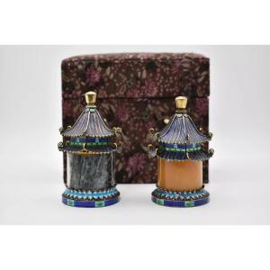 Chinese Silver Pepper Shaker And Open Salt Pot W/ Ladle Cruet Set