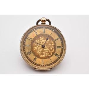 18ct Gold Highly Detailed Open Faced Pocket Watch Gold Floral Dial Engraved Back