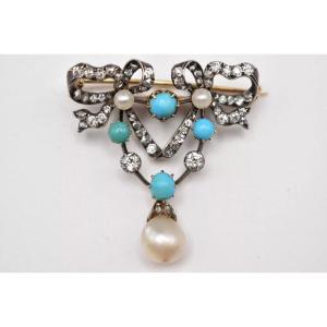 Circa 1910 Edwardian Heart Brooch 18ct Gold With 62 Diamonds, Turquoise & Pearl