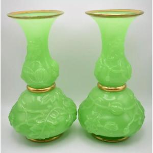 Circa 1800 Pair Of French Opaline Baccarat Vases Leaf And Floral Raised Design