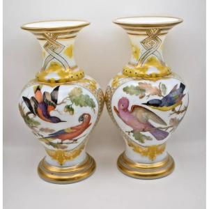 Rare Pair Of Baccarat Opaline Hand Painted Vases By Jean Francois Robert