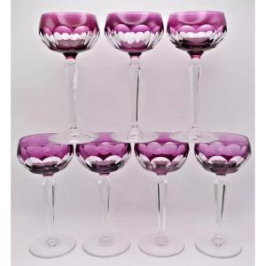 8 Val Saint Lambert Purple Petal Shaped Cut Glass Crystal Hock Wine Glasses