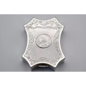 Antique Large Desk Top Silver Coin Embellished W/detailed Engraving Snuff Box