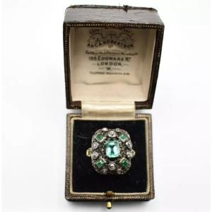 A Large Antique Emerald And Diamond Rectangular Cluster Ring Size L Early 19th C