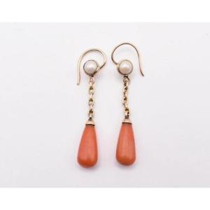 Antique Victorian 18ct Gold Coral And Pearl Drop Earrings