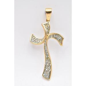 A Large Wavy Italian 18ct Gold & Diamond Set Cross. 22 Brilliant Cut Diamonds