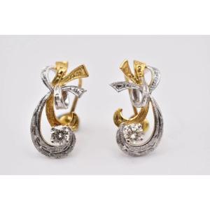 Large Pair Mid Century White & Yellow Gold 1 Carat Diamond Earrings Circa 1950's
