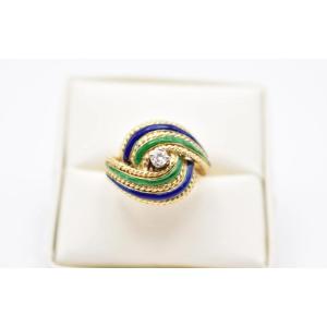Mid Century 14ct Yellow Gold Blue & Green Enamel Brilliant Cut Diamond Ring