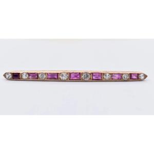 Antique French Art Deco 18ct Gold Ruby & Diamond Bar Brooch Circa 1920's