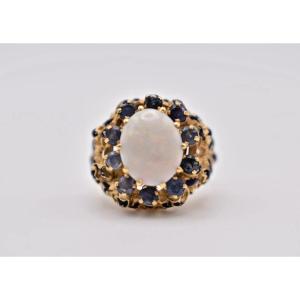 Vintage 14ct Gold Set Opal & Sapphire Raised Cluster Ring