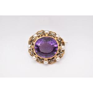 Antique French Yellow Gold Set Amethyst And Natural Pearl Brooch Circa 19th C