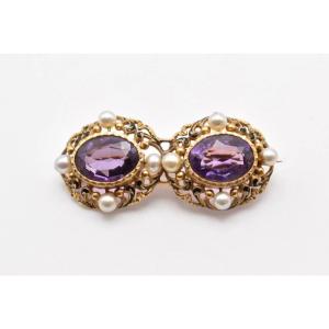 Antique French Yellow Gold Set Amethyst & Natural Pearl Double Cluster Brooch