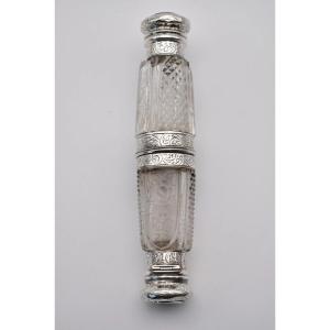 Antique Cut & Etched Glass Double Ended Scent Bottle With Silver Engraved Detail