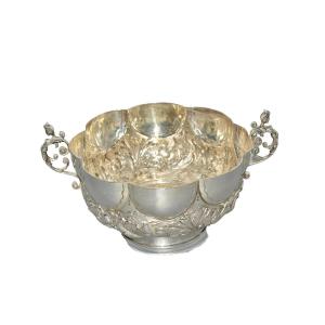 A Large 19th Century Sterling Silver Bowl With Repoussé Floral & Bird Decoration