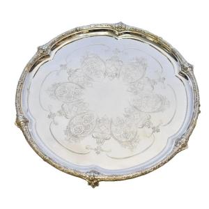 Silver Plated Round Salver Tray With Engraved Surface And Raised Detailed Rim