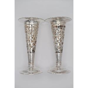 Large Pair 19th Century Josiah Williams & Co Silver Pierced Vases W/glass Liners