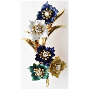 Vintage Mid Century 18ct Gold & Diamond Set Enamel Floral Spay Brooch