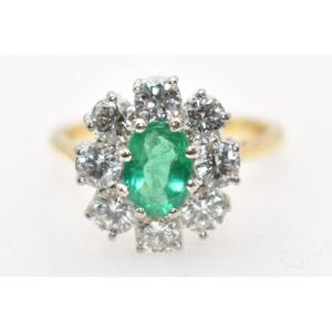 A Large Vintage 0.50 Ct Emerald & 2 Ct Diamond, 18 Ct Gold Oval Cluster Ring
